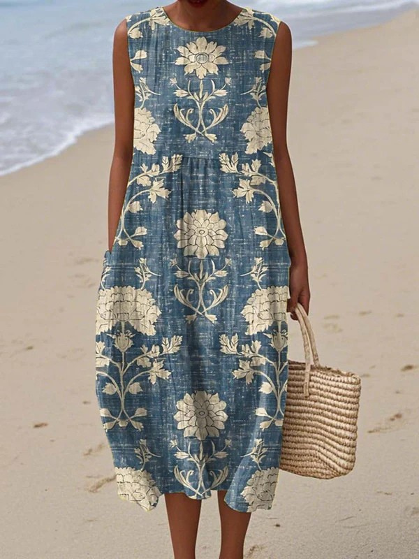 Tazira - Robe Femme Été Fluide Imprimé Artistique Sans Manches Confort Léger