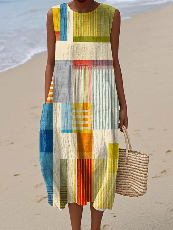 Tazira - Robe Femme Été Fluide Imprimé Artistique Sans Manches Confort Léger