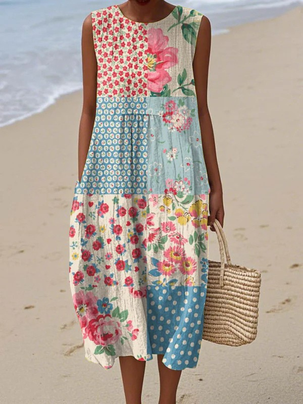 Tazira - Robe Femme Été Fluide Imprimé Artistique Sans Manches Confort Léger