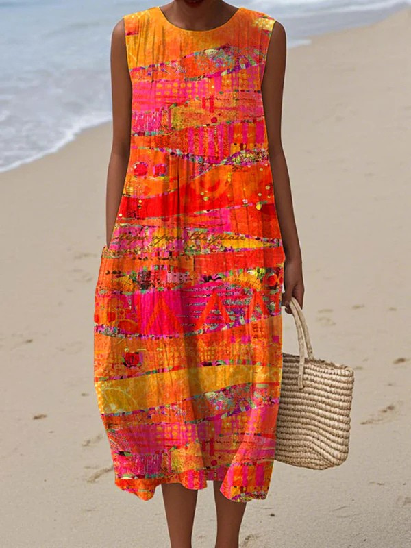 Tazira - Robe Femme Été Fluide Imprimé Artistique Sans Manches Confort Léger