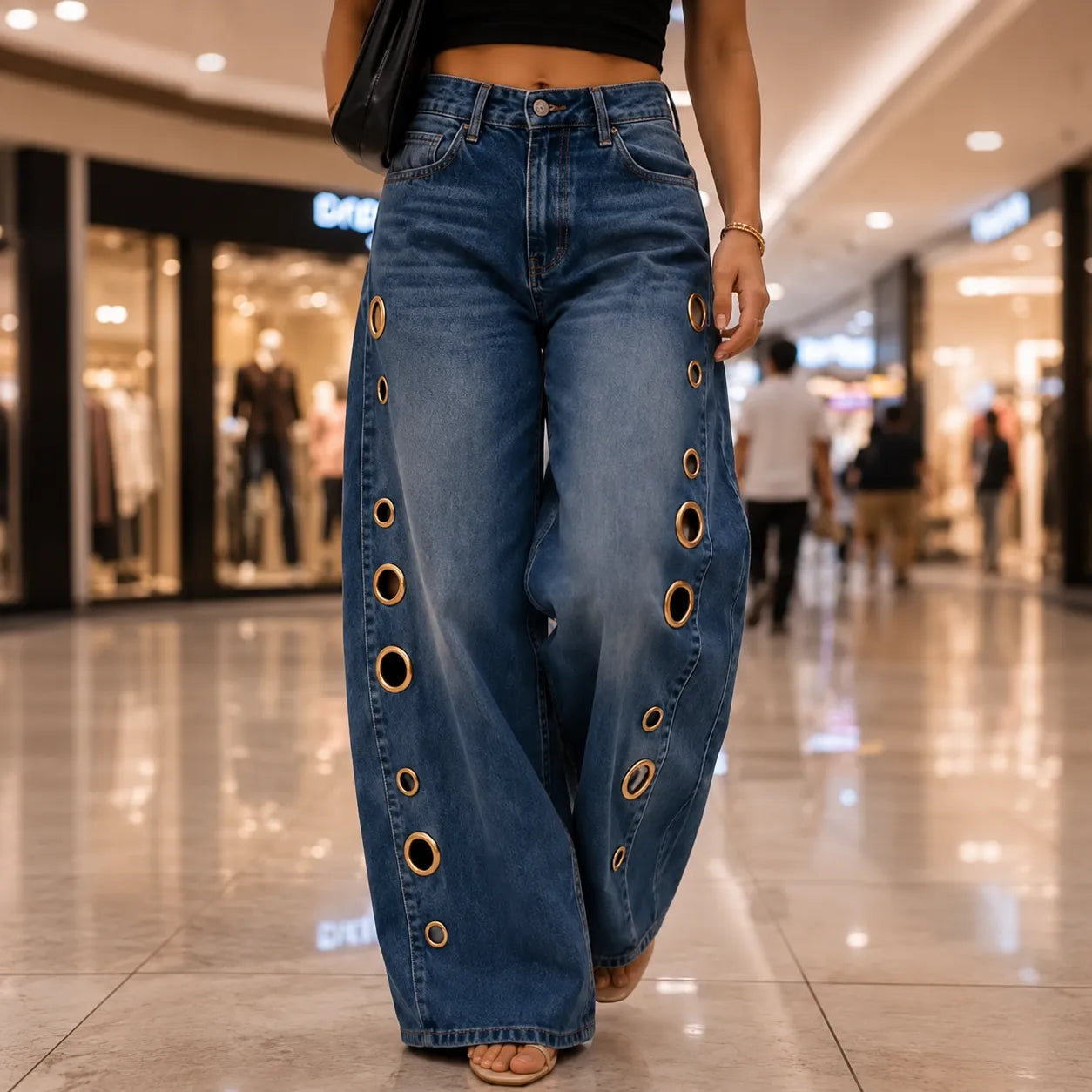 Jean Large Femme Velmora – Bleu, Œillets Laiton, Taille Haute