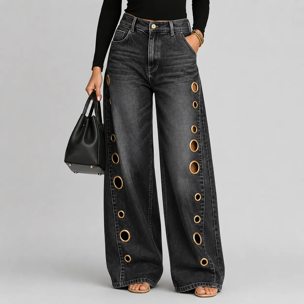 Jean Large Femme Velmora – Bleu, Œillets Laiton, Taille Haute