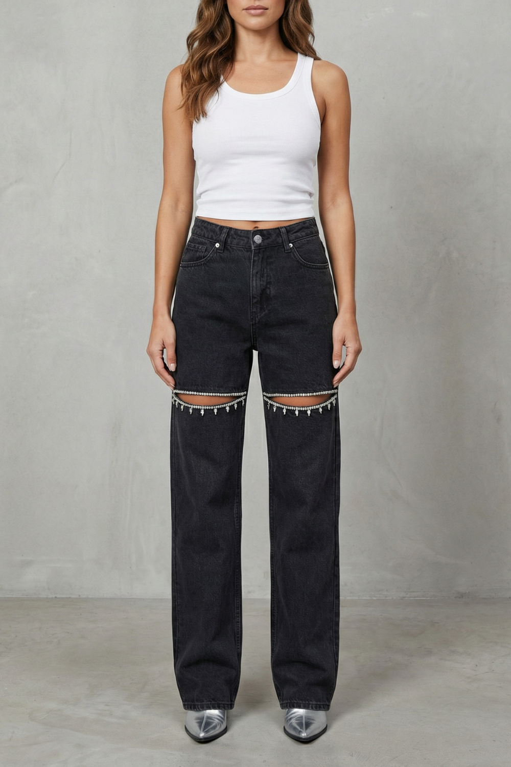 Jean Large Femme Velmoura – Noir, Détails Cristal
