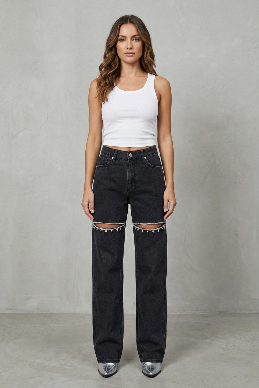 Jean Large Femme Velmoura – Noir, Détails Cristal