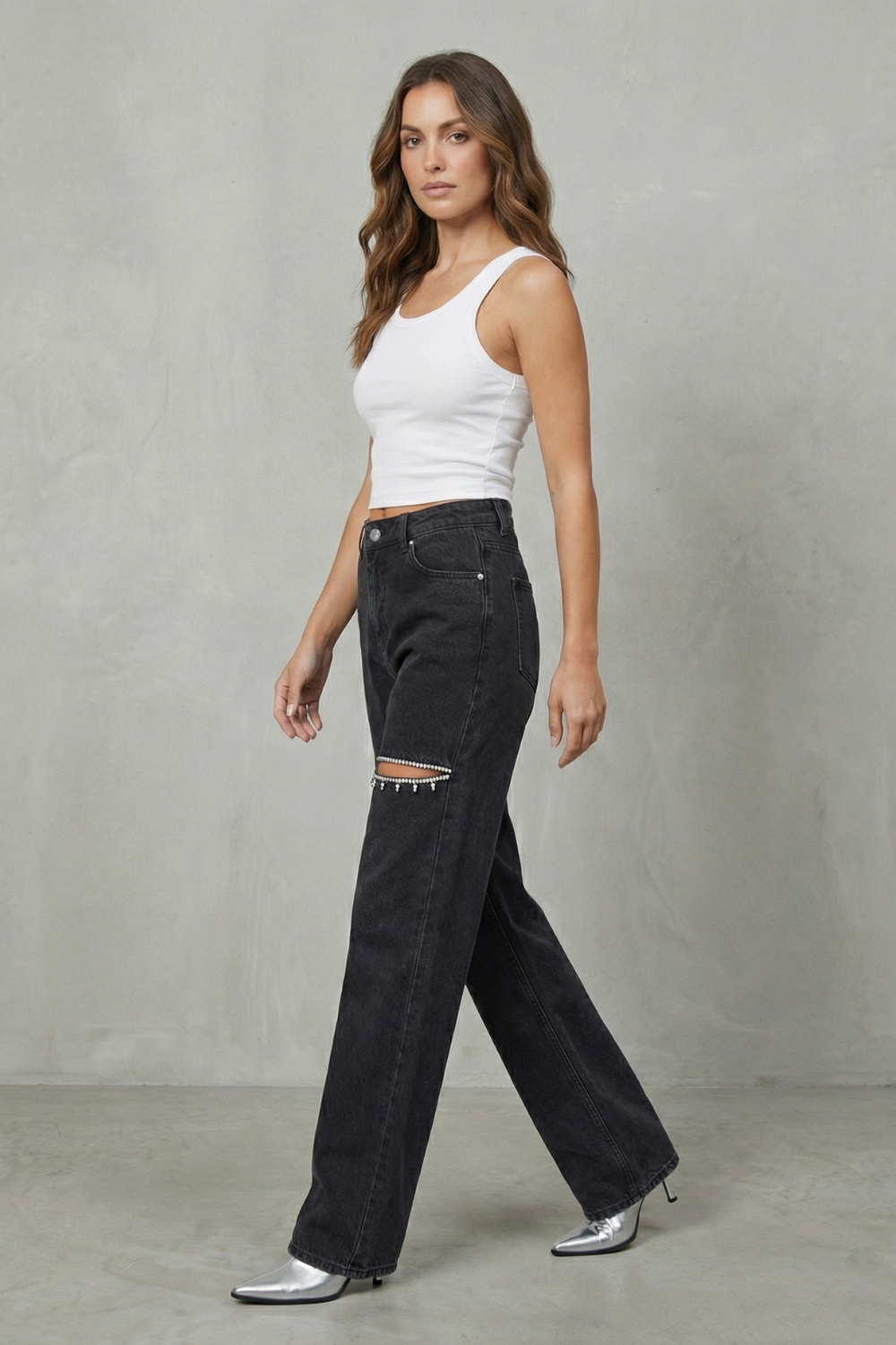 Jean Large Femme Velmoura – Noir, Détails Cristal