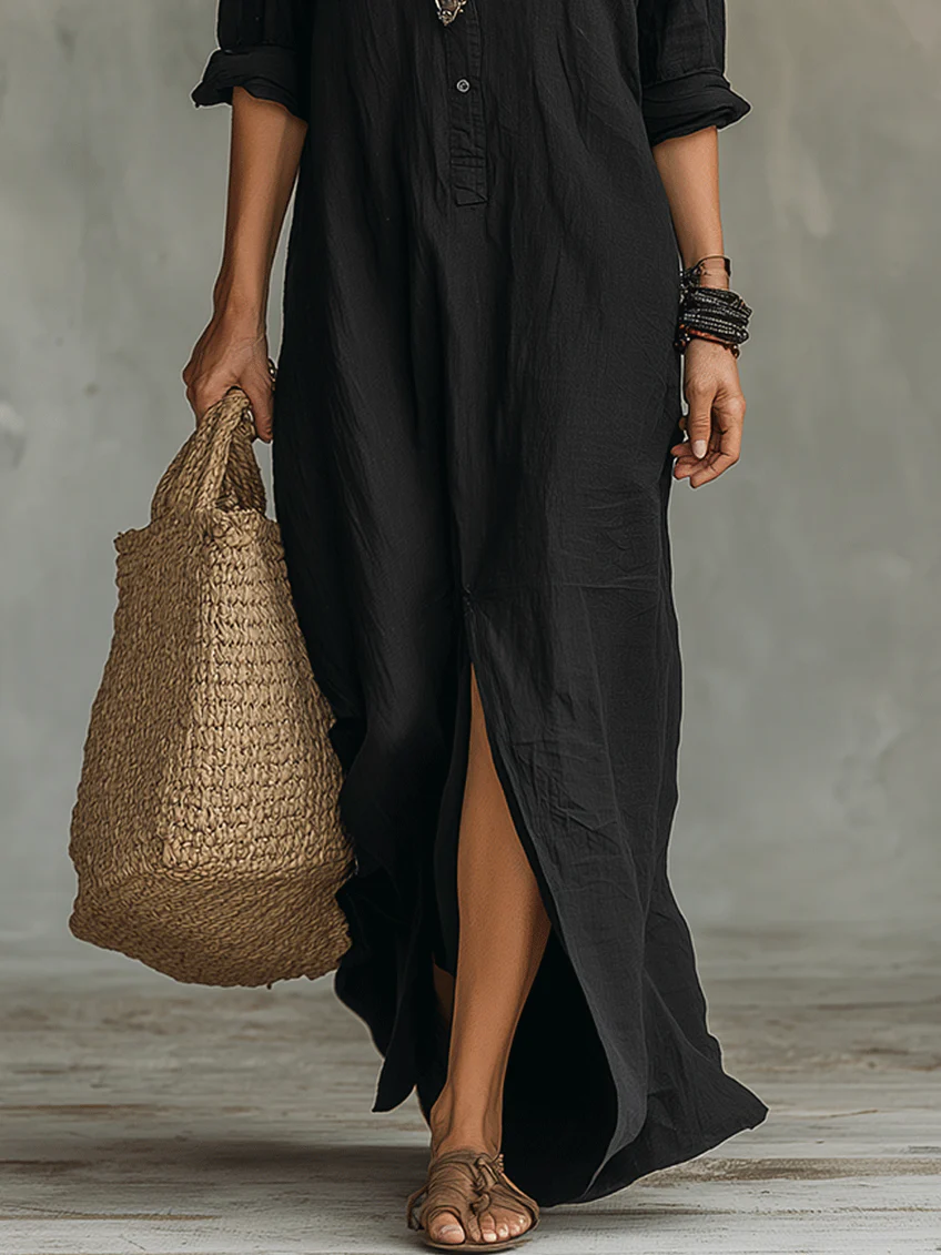Olyndra - Robe Longue Femme Fluide Boutonnée Style Élégant Intemporel