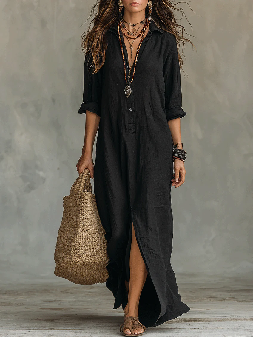 Olyndra - Robe Longue Femme Fluide Boutonnée Style Élégant Intemporel