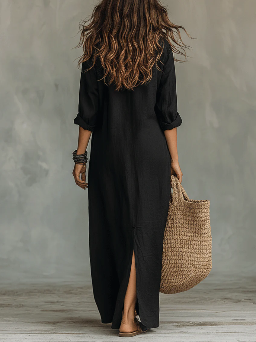 Olyndra - Robe Longue Femme Fluide Boutonnée Style Élégant Intemporel
