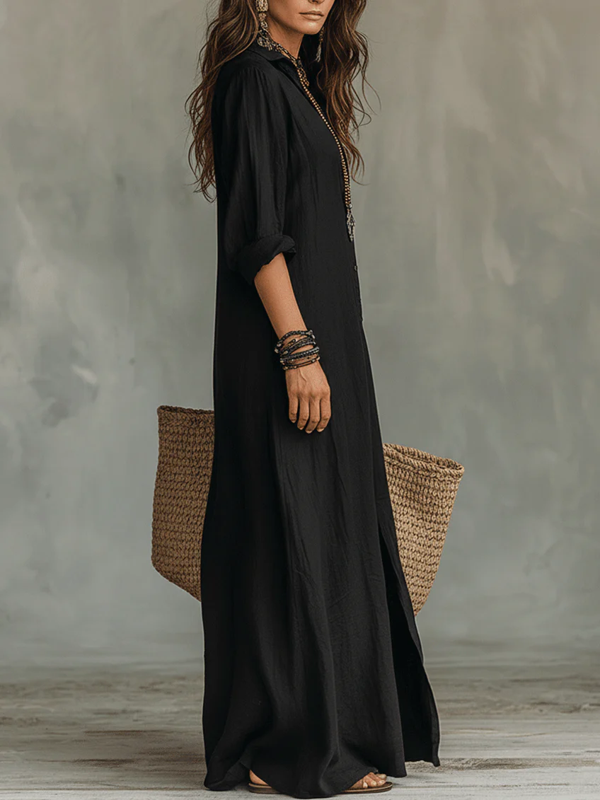 Olyndra - Robe Longue Femme Fluide Boutonnée Style Élégant Intemporel