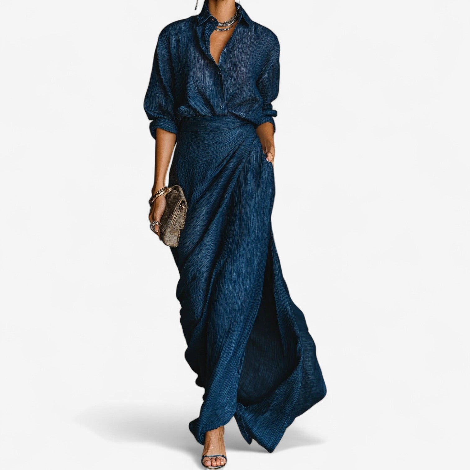 Robe longue femme portefeuille façon chemise – Élégance décontractée et fluide