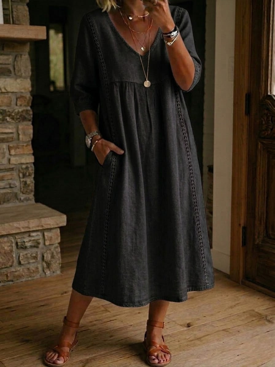 Jaxine - Robe Femme Patchwork Dentelle Coton Lin Décontractée Été
