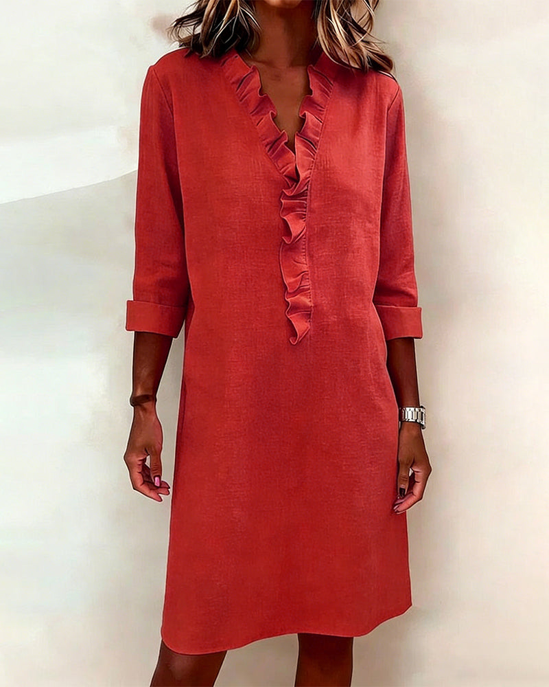 Robe Femme Col V Volants Coupe Droite Chic Décontractée