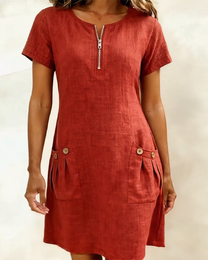 Kovira - Robe Courte Coton Lin avec Fermeture Éclair et Poches