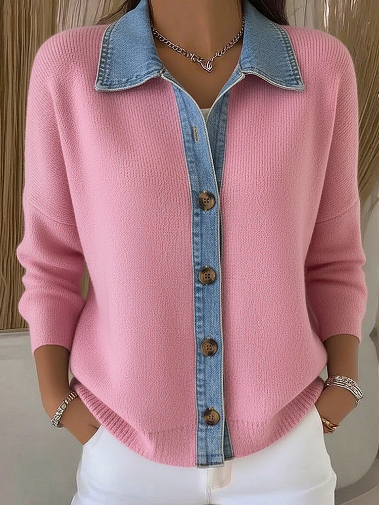 Cardigan en tricot avec col polo et patchs en denim, avec boutons