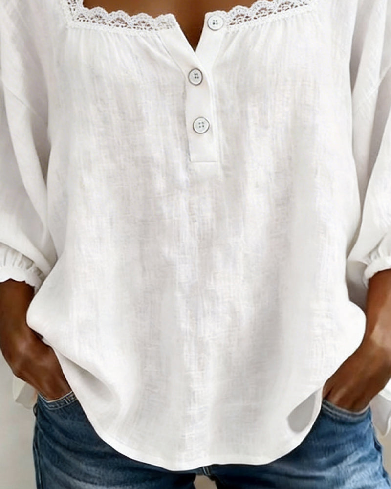 Blouse en Dentelle à Col Carré avec Manches Bouffantes