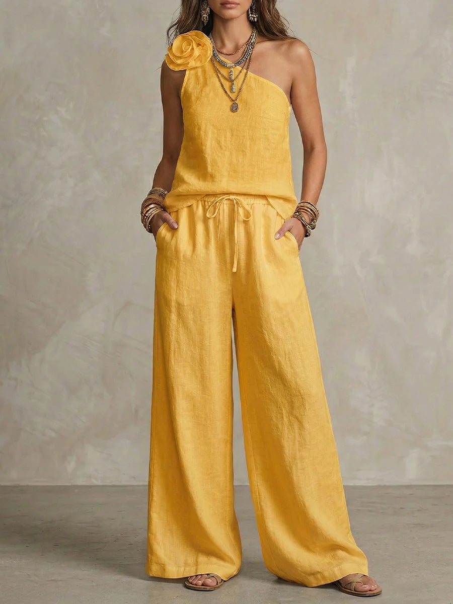 Ensemble Bicolore Élégant - Chemise Sans Manches et Pantalons