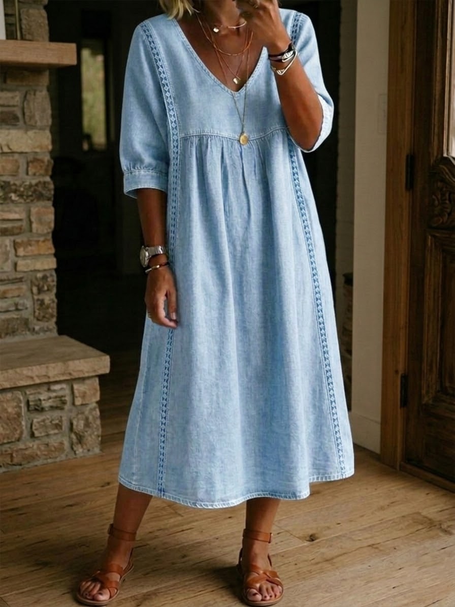 Robe Femme Denim Fluide Col V Détails Dentelle Style Décontracté Élégant