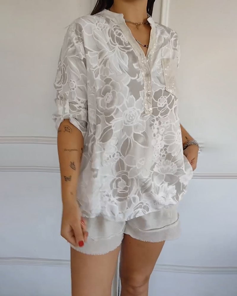 Blouse Imprimée Boutonnée à Col V