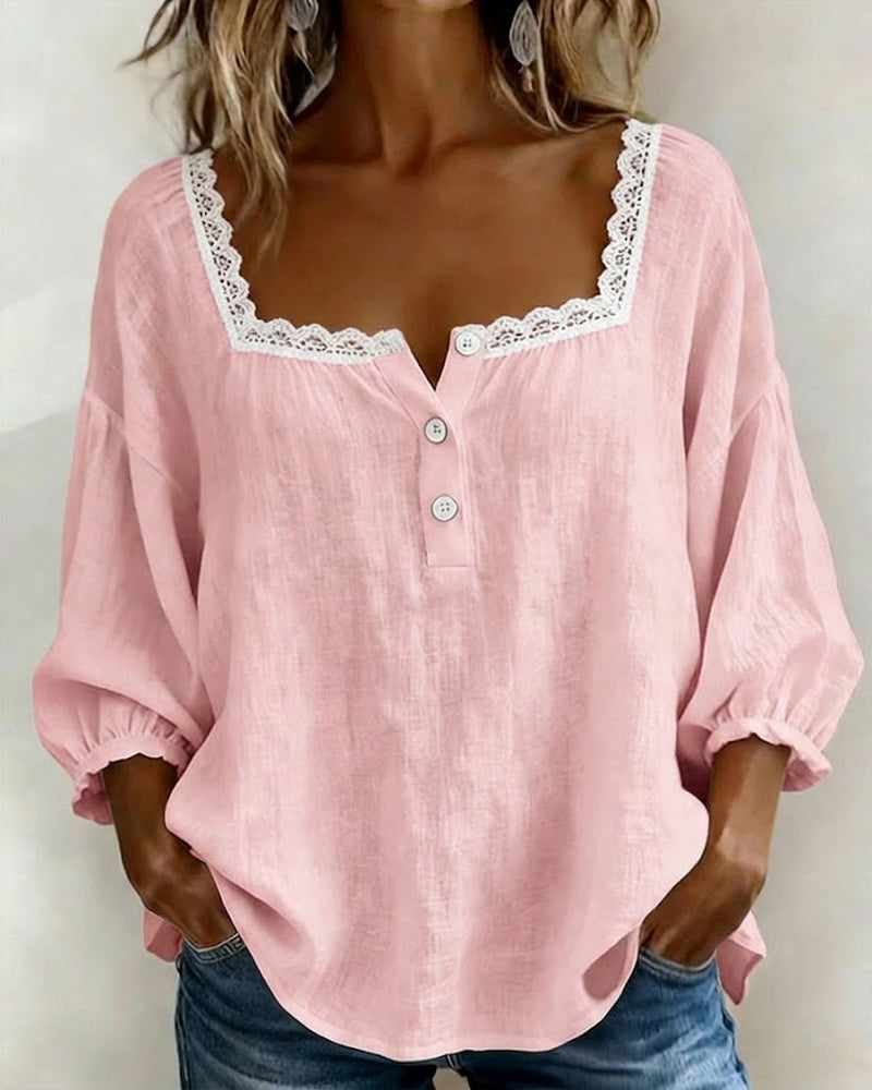 Blouse en Dentelle à Col Carré avec Manches Bouffantes