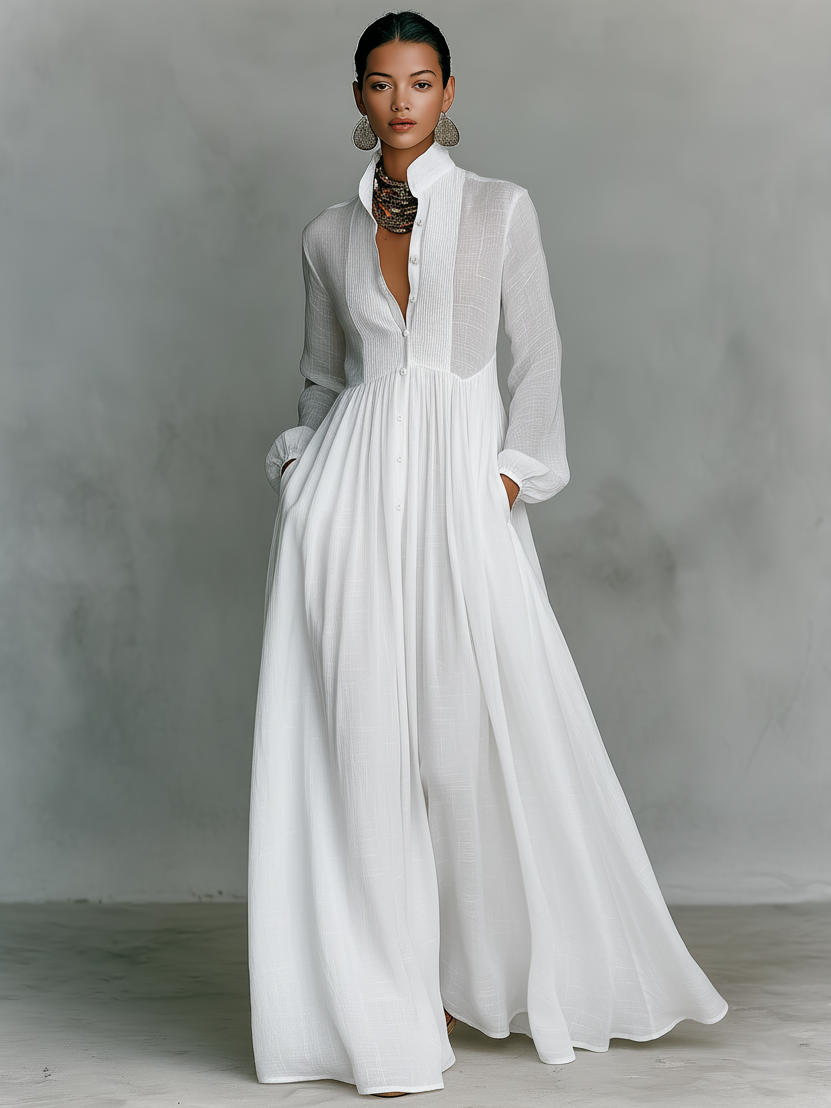 Robe Maxi Minimaliste en Coton et Lin avec Panneaux en Patchwork, Col Montant et Manches Longues