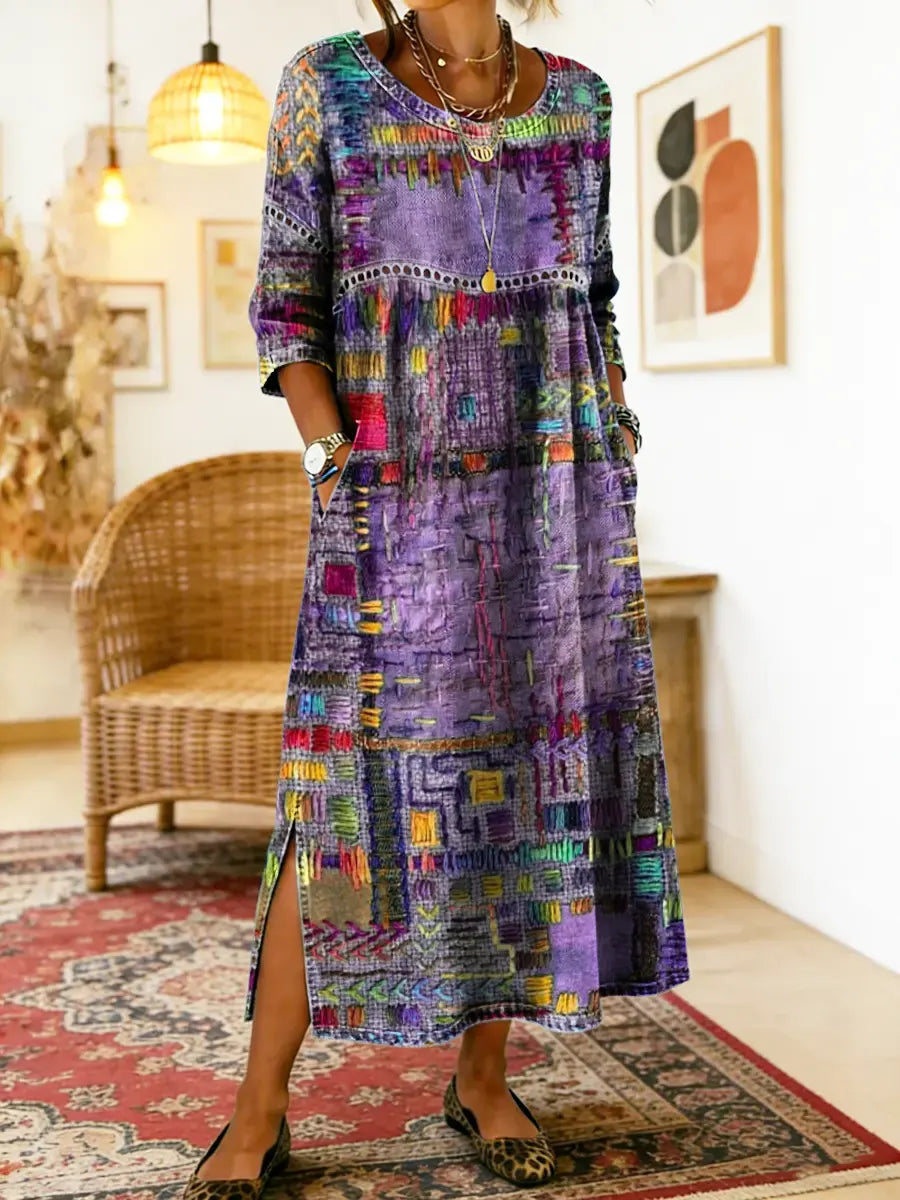 Manuela - Robe en Denim avec Patchwork Ethnique