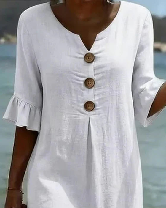 Beatrix - Robe Femme Coton Lin Coupe Fluide Boutons Manches Évasées Élégante