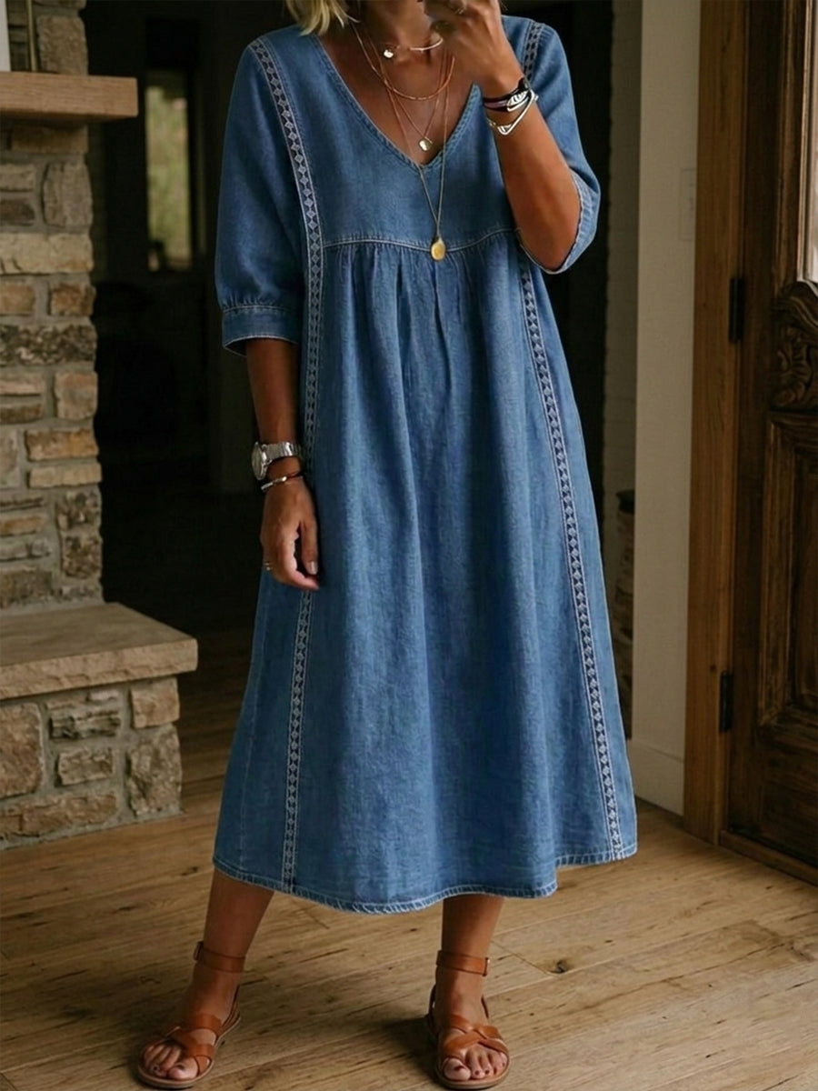 Robe Femme Denim Fluide Col V Détails Dentelle Style Décontracté Élégant