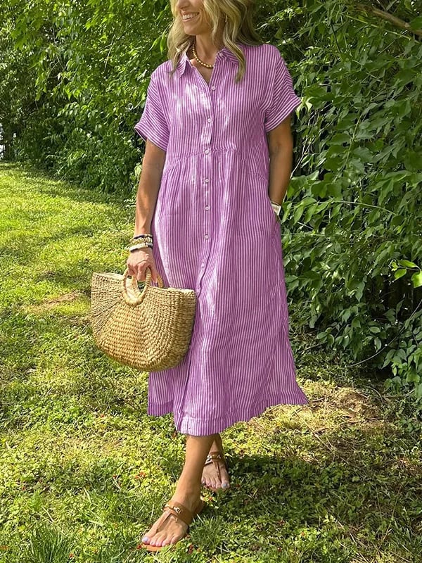 Robe femme maxi fluide boutonnée col rond manches courtes élégante été