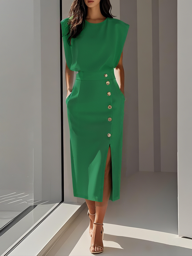 Floralia - Robe midi unie avec fente à boutons et décolleté rond