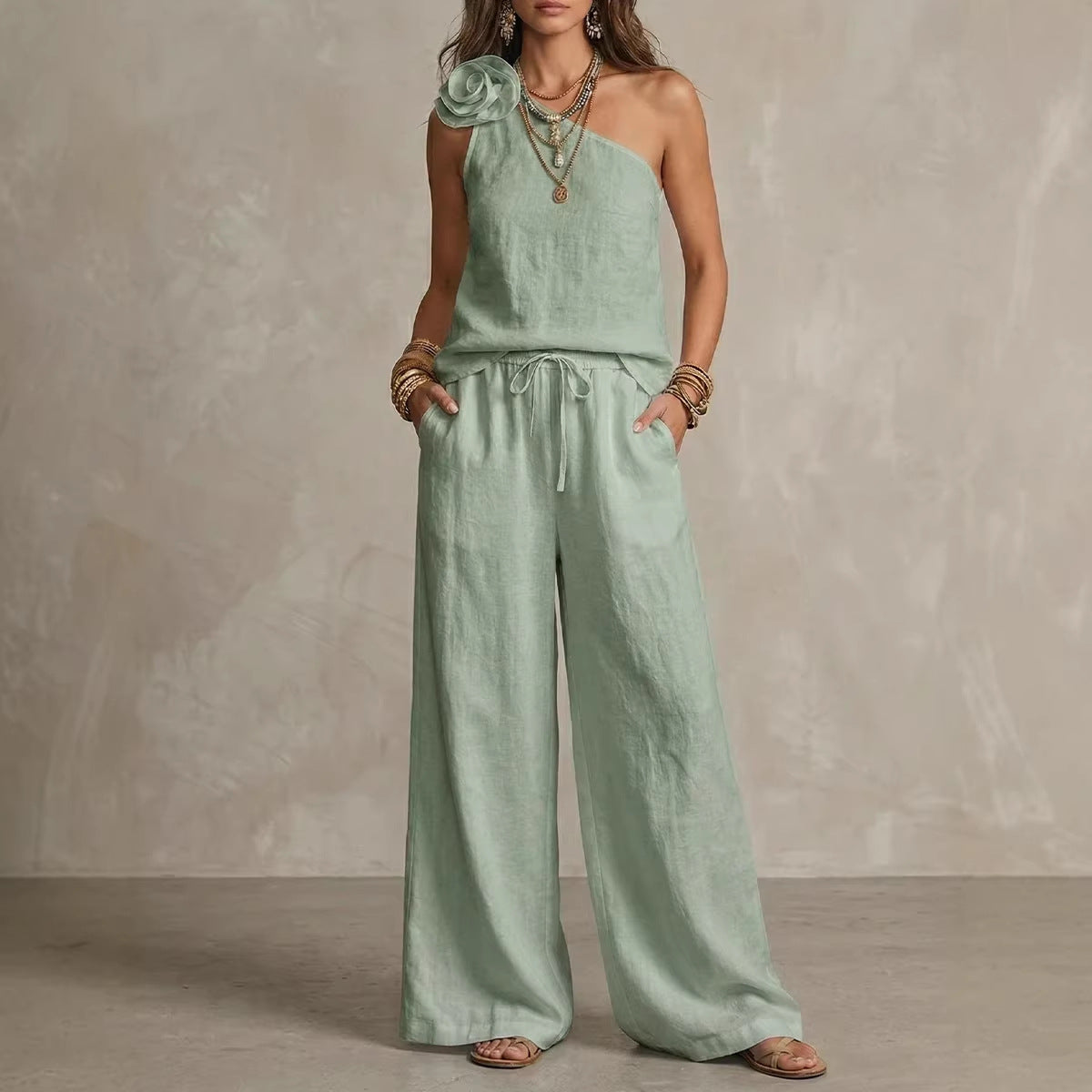 Ensemble Bicolore Élégant - Chemise Sans Manches et Pantalons