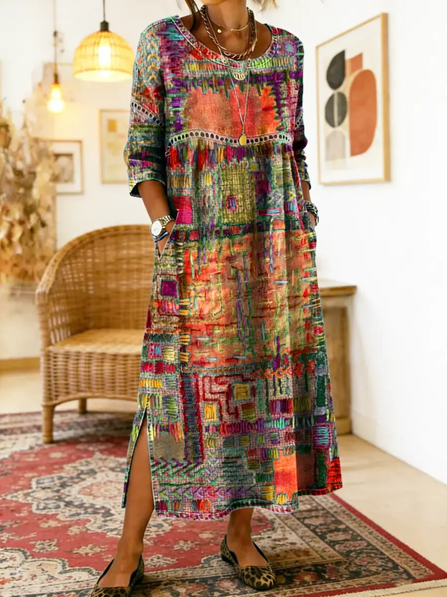 Manuela - Robe en Denim avec Patchwork Ethnique