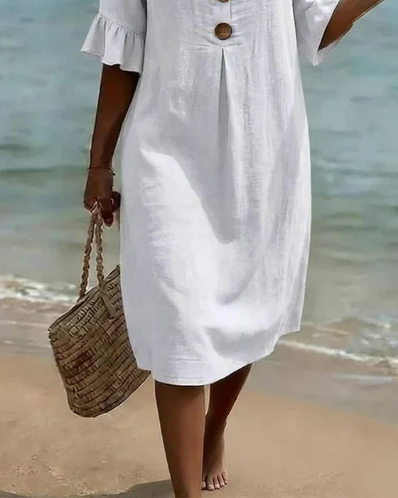 Beatrix - Robe Femme Coton Lin Coupe Fluide Boutons Manches Évasées Élégante