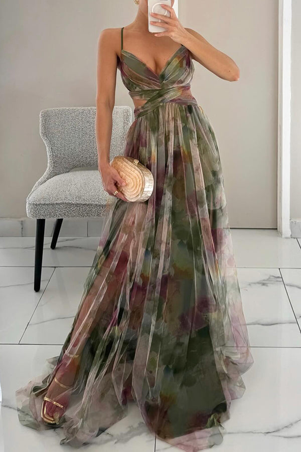 Robe femme maxi fluide imprimé floral bretelles fines col V – élégante été