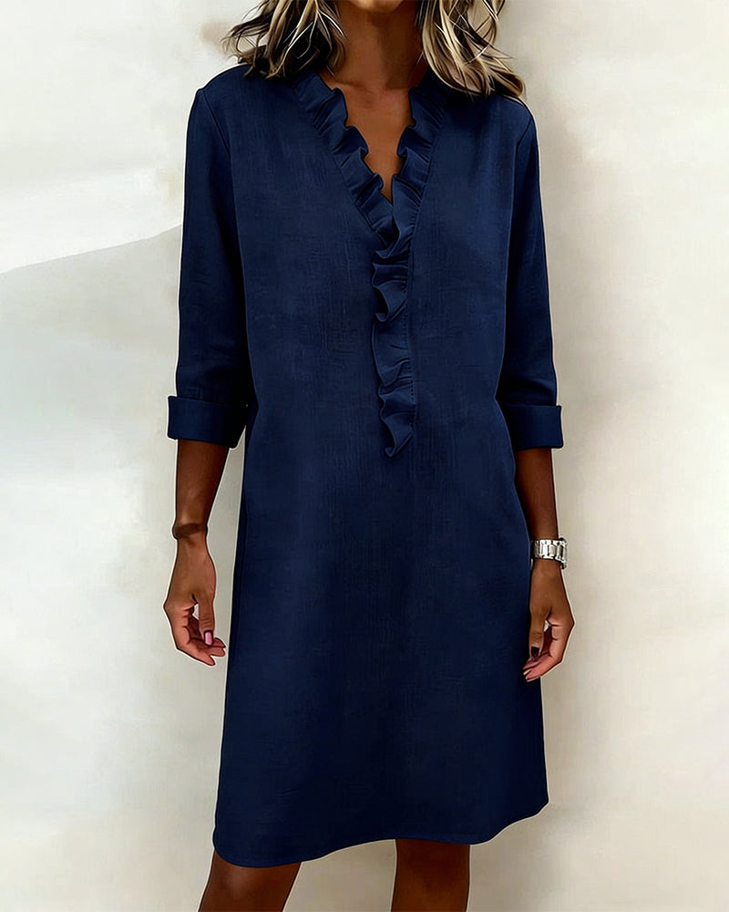 Robe Unie à Volants avec Col en V