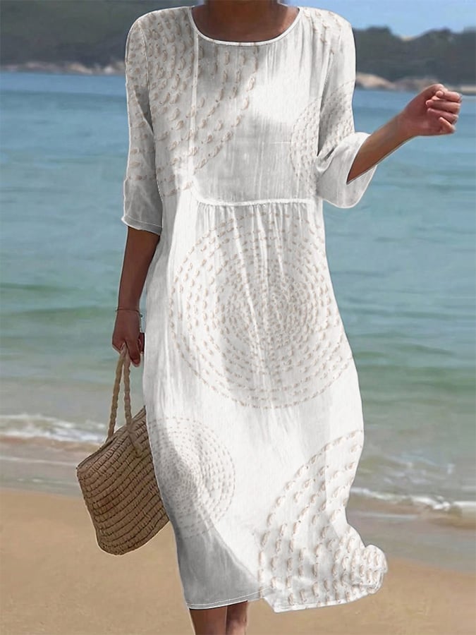 Robe femme midi fluide coton lin motif texturé manches 3/4 – été décontracté