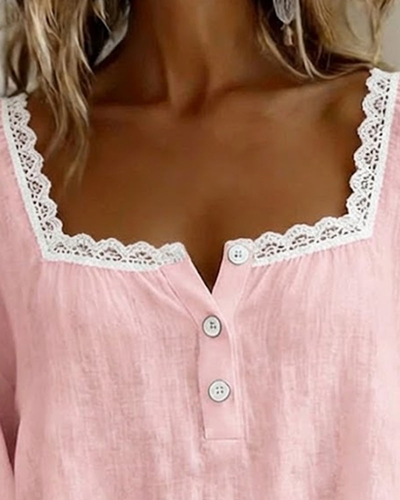 Blouse en Dentelle à Col Carré avec Manches Bouffantes