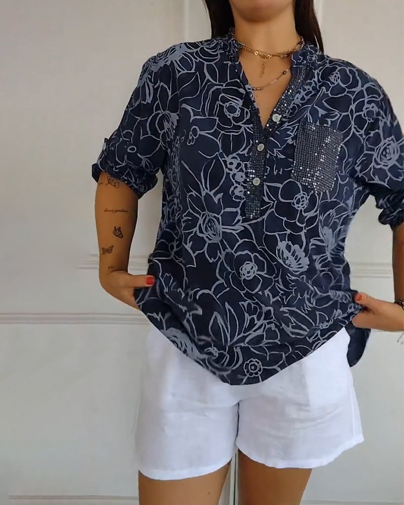 Blouse Imprimée Boutonnée à Col V