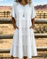 Rosalynne - Robe midi femme en coton et lin à volants