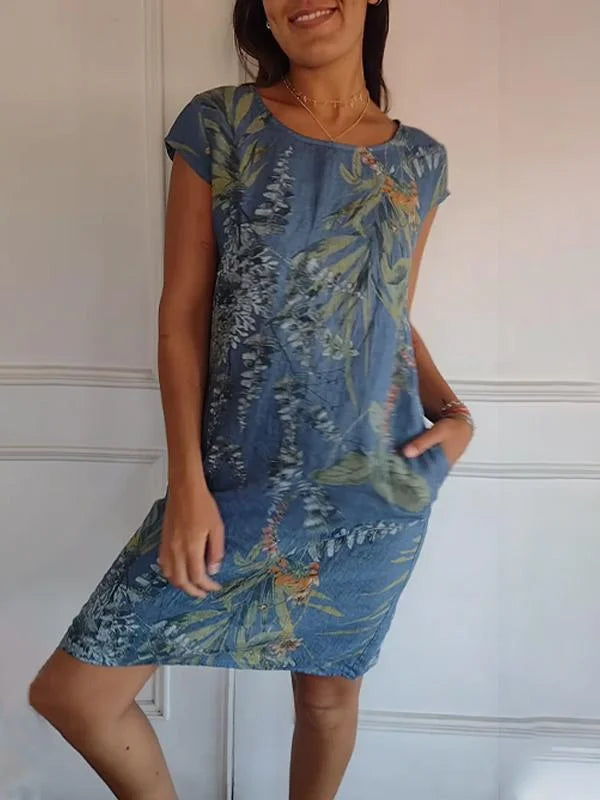 Robe d'été imprimée en coton et lin pour femmes avec poches