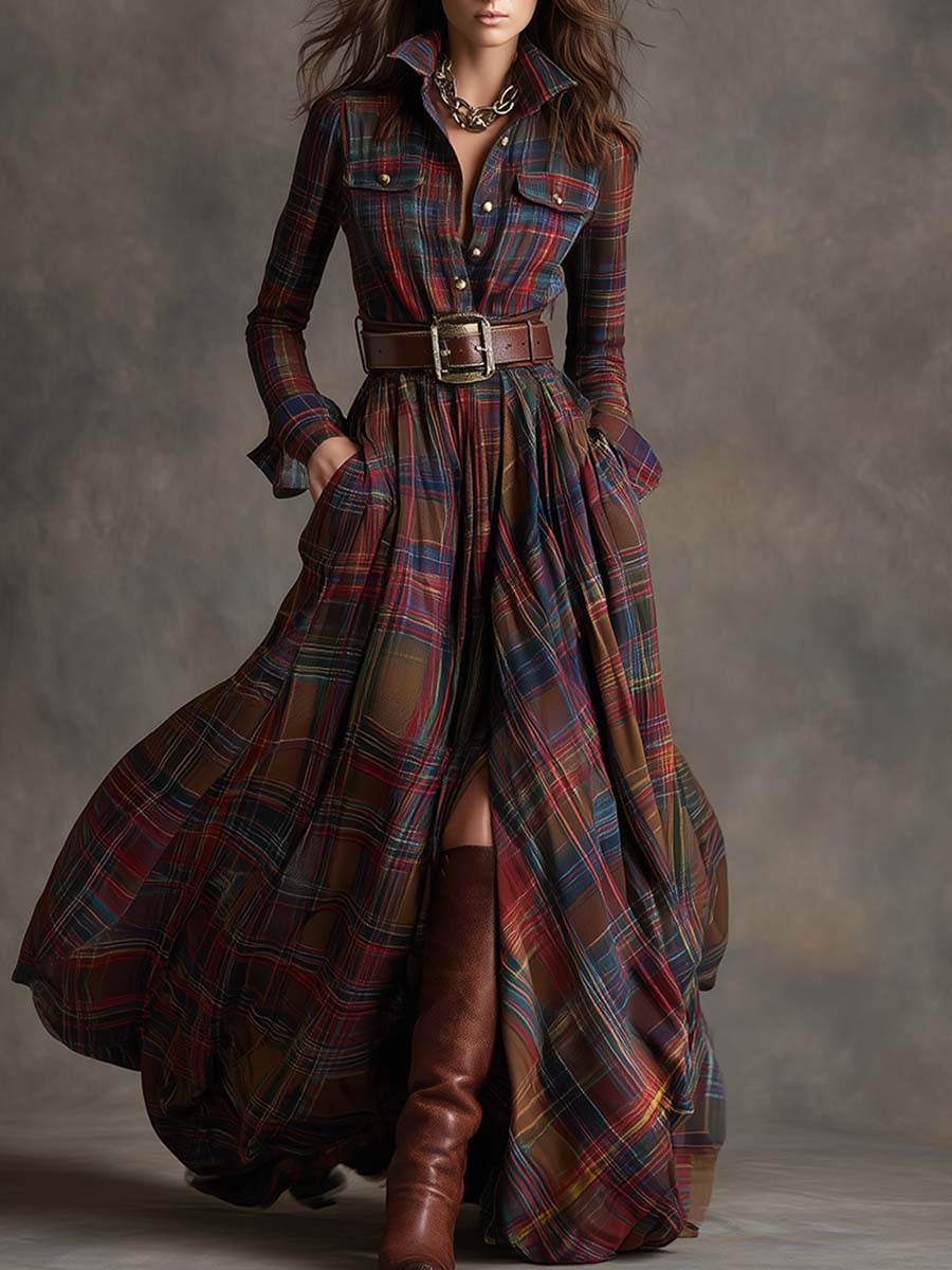 Giulia - Robe longue à carreaux brun rougeâtre avec col et style ethnique rétro
