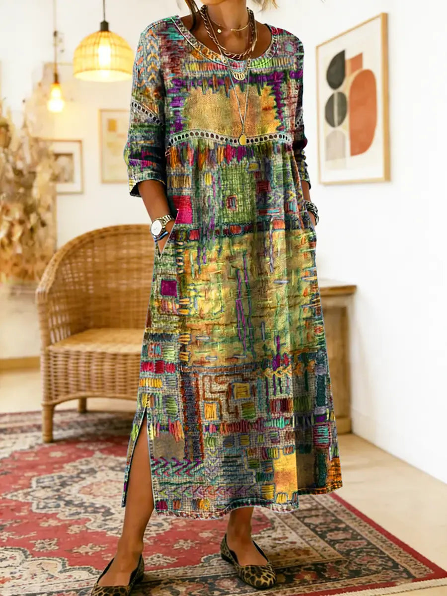 Manuela - Robe en Denim avec Patchwork Ethnique