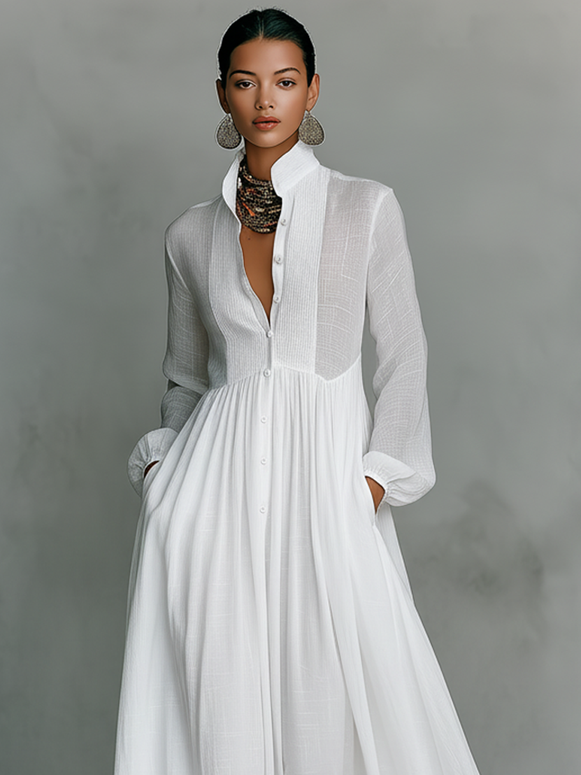 Robe Maxi Minimaliste en Coton et Lin avec Panneaux en Patchwork, Col Montant et Manches Longues