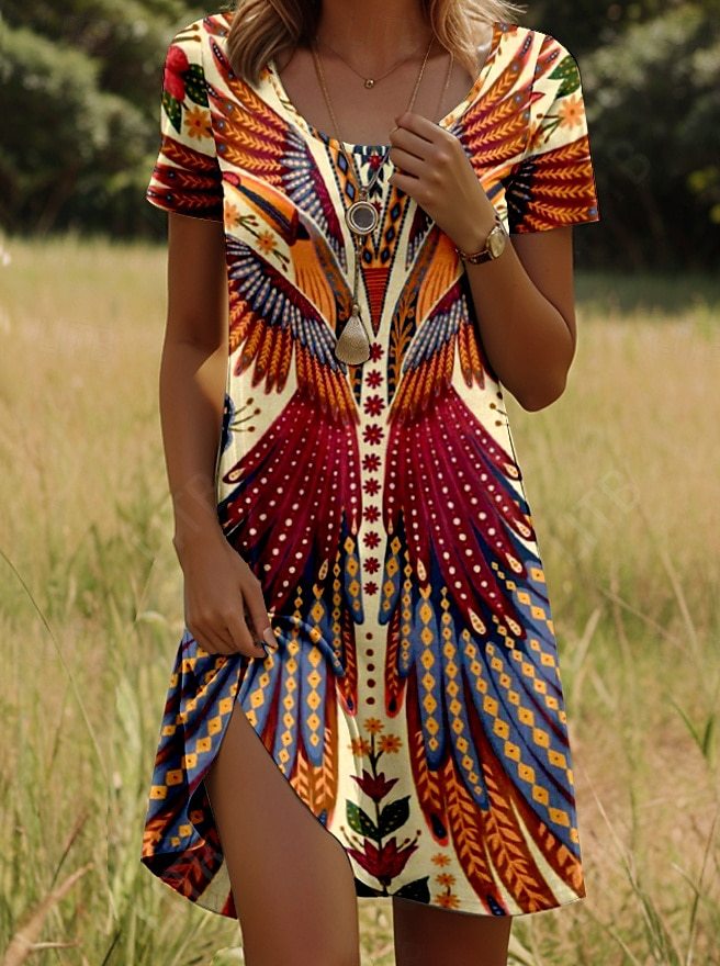 Nivara - Robe à Col Rond avec Imprimé Indien à Manches Courtes