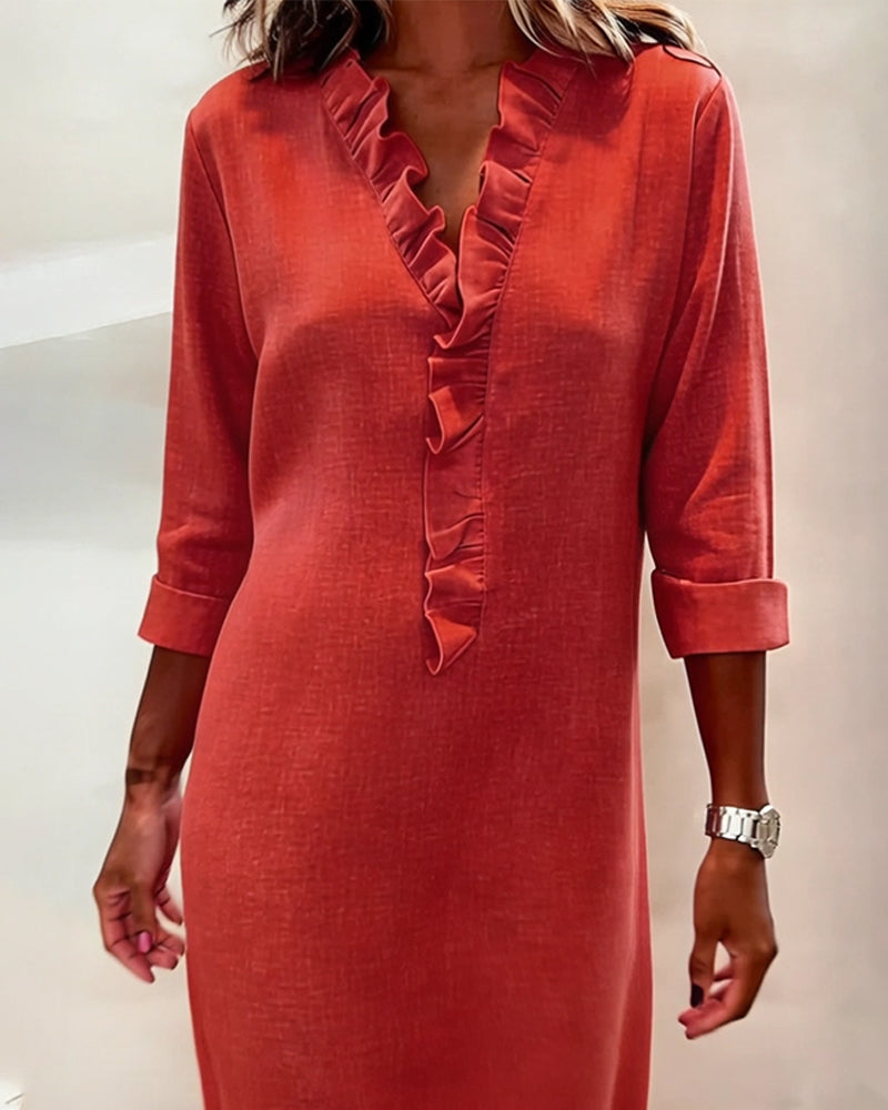 Robe Unie à Volants avec Col en V