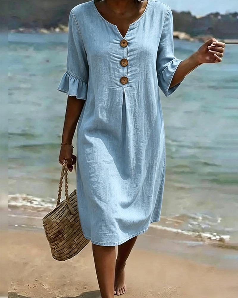 Fynorae - Robe femme en jean manches volants coupe fluide été plage