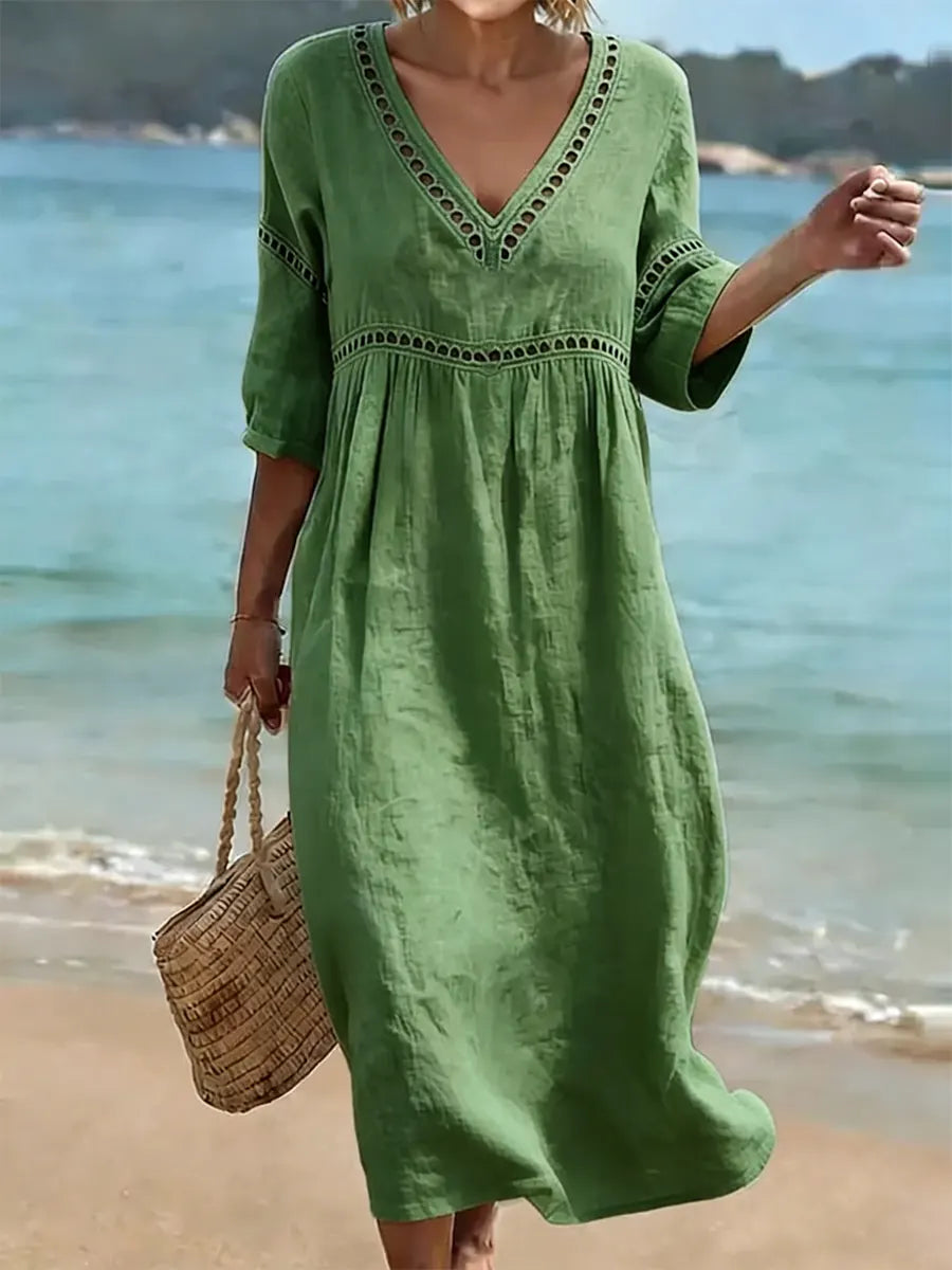 Robe Femme Coton Col V Coupe Fluide Style Décontracté Élégant