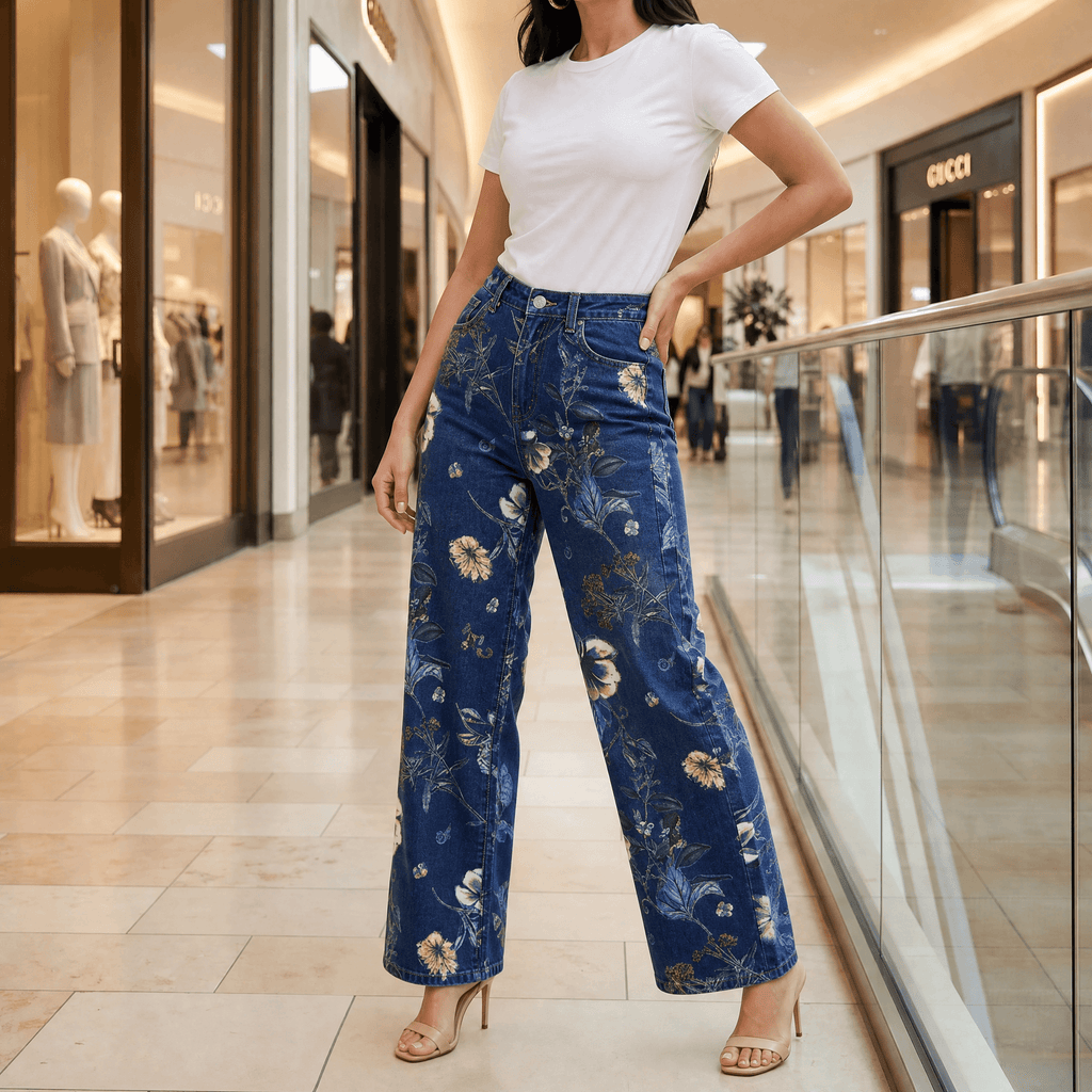 Jean Large Femme Blomara – Bleu Clair, Imprimé Floral