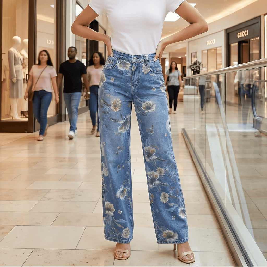 Jean Large Femme Blomara – Bleu Clair, Imprimé Floral