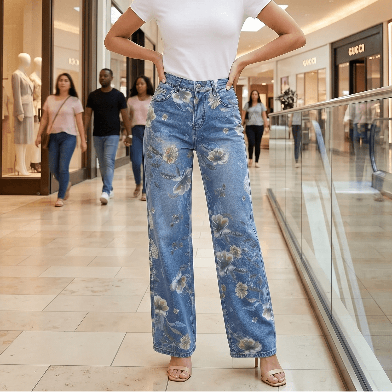 Jean Large Femme Blomara – Bleu Clair, Imprimé Floral