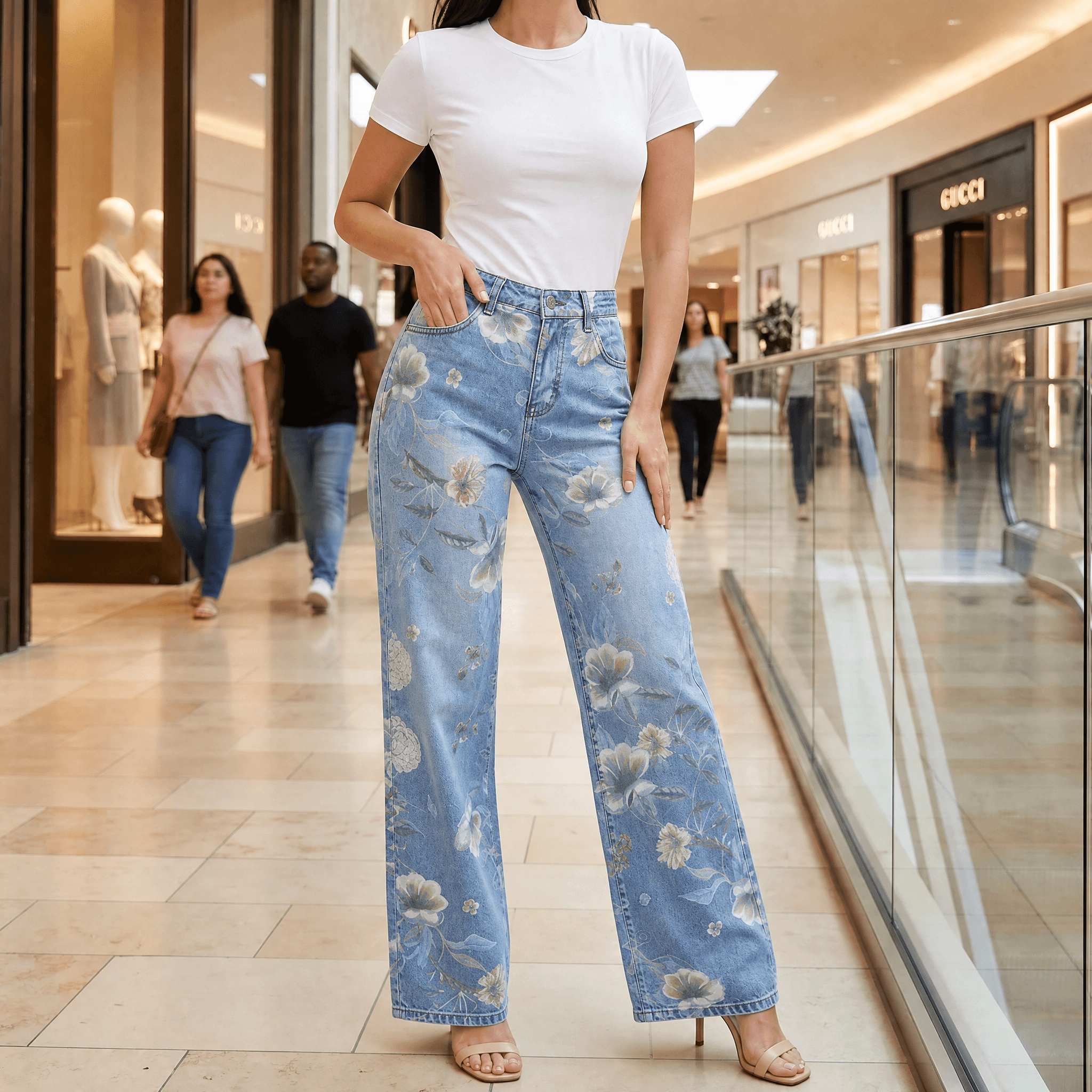 Jean Large Femme Blomara – Bleu Clair, Imprimé Floral